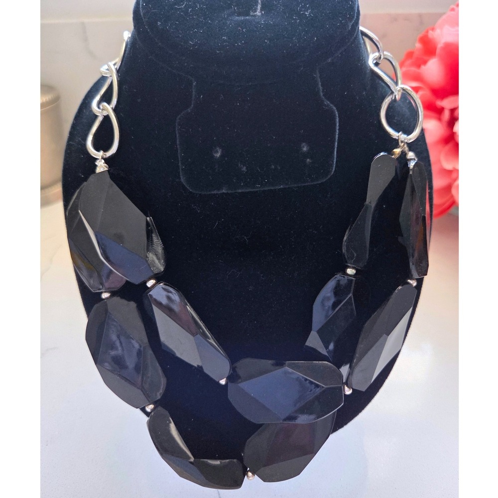 Chunky Black Faceted Geometric Bead Statement Bib Necklace Silver Tone Chain